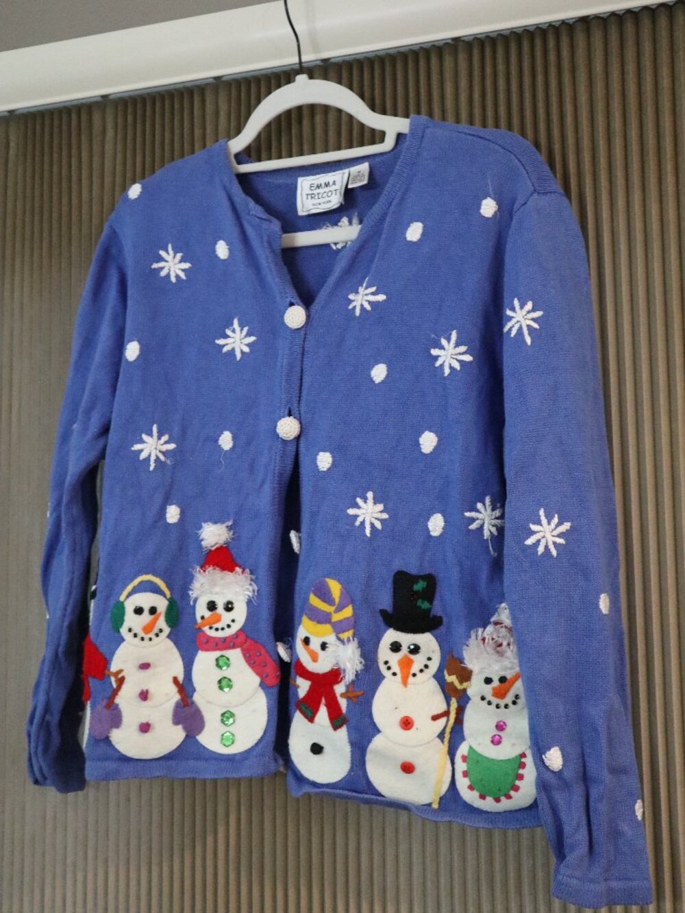 Vintage Emma Tricot Light Blue Cotton Ugly Christmas Cardigan Sweater, M